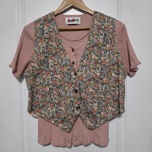 Vintage Pink Floral Vest And Shirt L